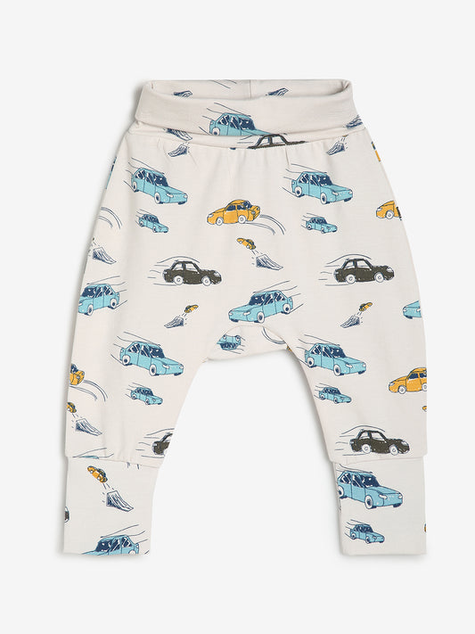 Baby Cotton Rich Expandable Pant -Off white car Print