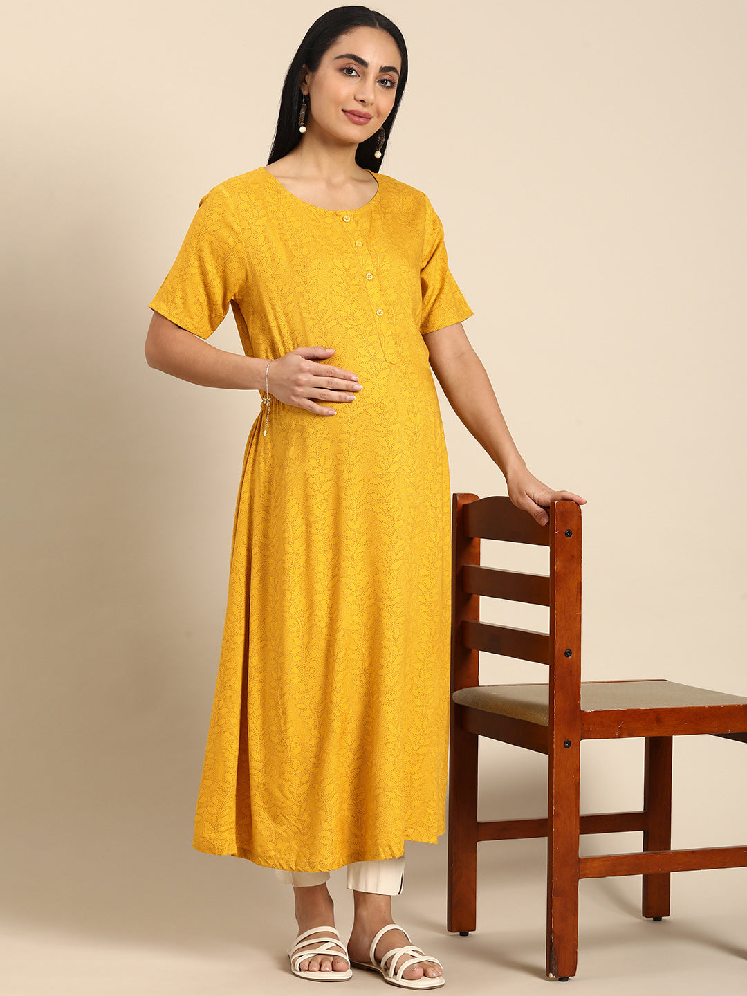 Chayim Maternity Woven Calf length Longewear kurta with open placket and Discreet feeding-Golden yellow