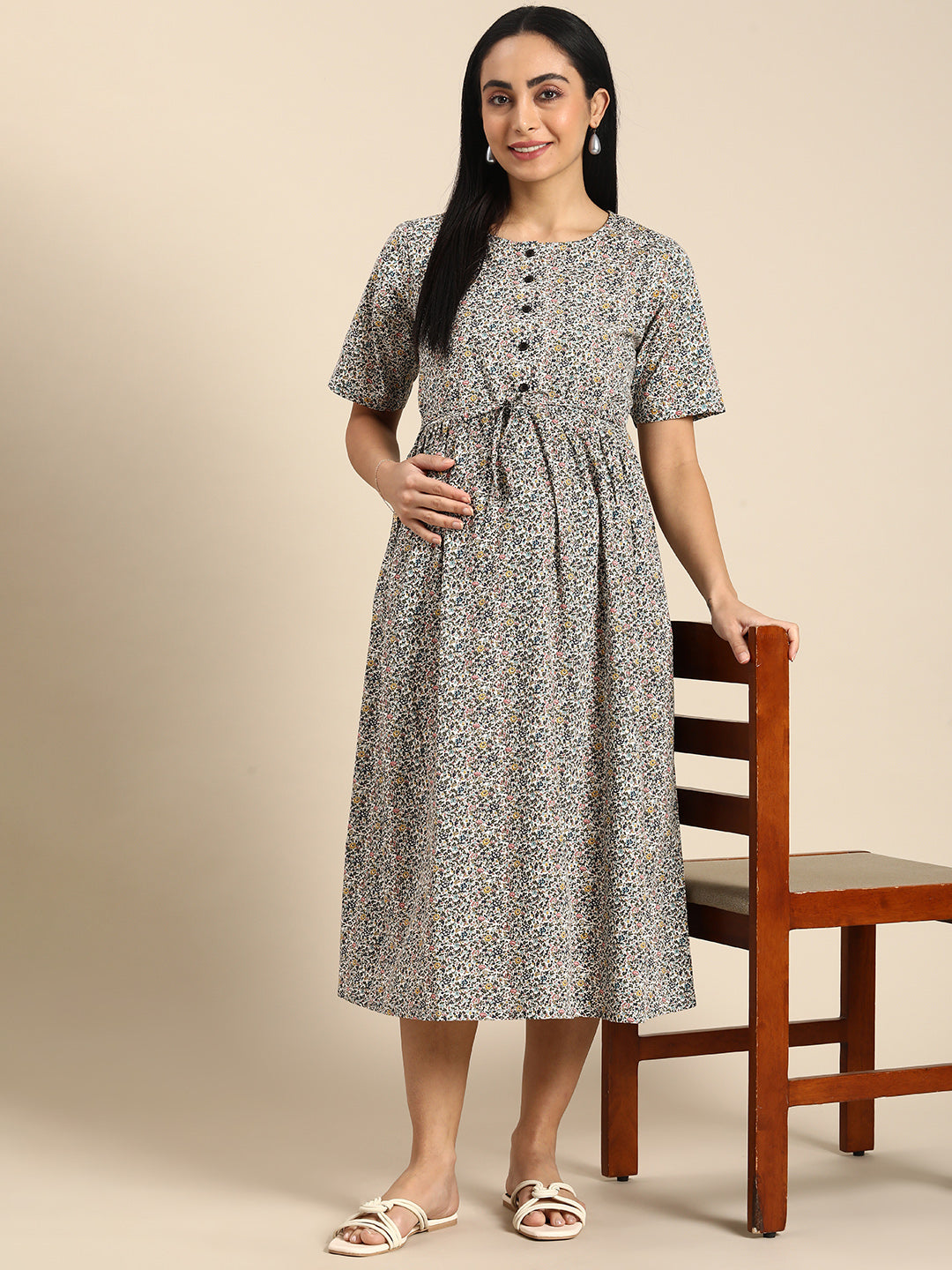 Chayim Maternity Woven Calf length Longewear dress with open placket and Discreet feeding-Multicolour printed