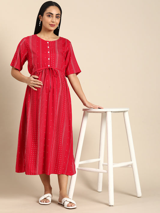 Chayim Maternity Woven Calf length Longewear dress with open placket and Discreet feeding-Cherry red