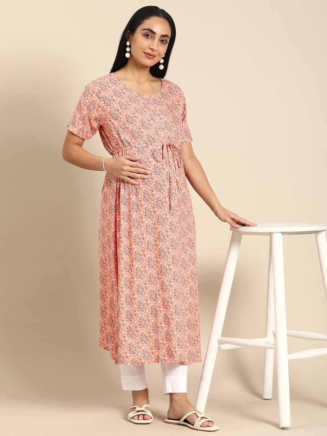 Chayim Maternity Woven Calf length Longewear Kurta with open placket and Discreet feeding-Rose Pink