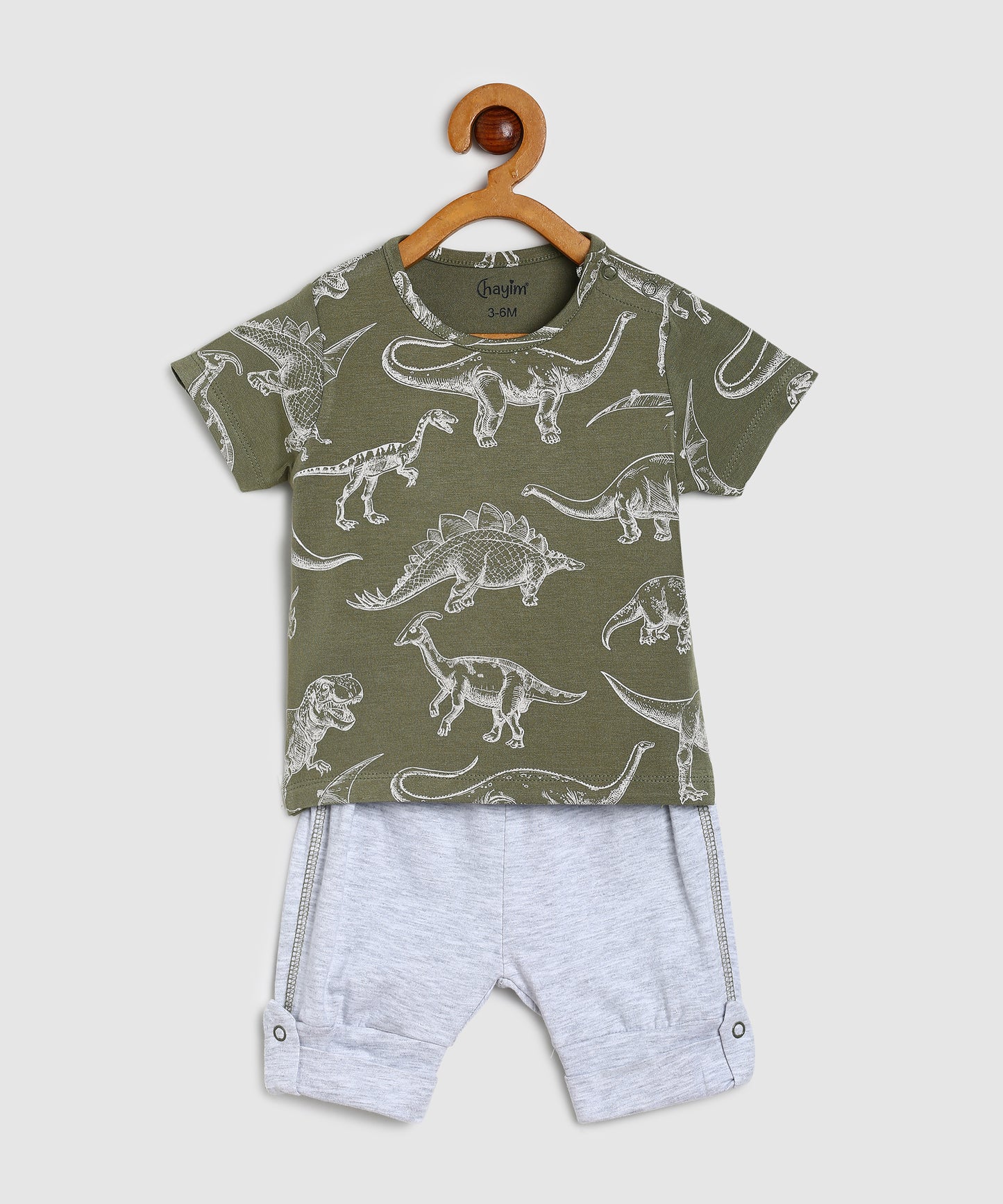 Baby Co Ord Set T Shirts & Expandable Shorts Green Dino Printed/Grey Mileange