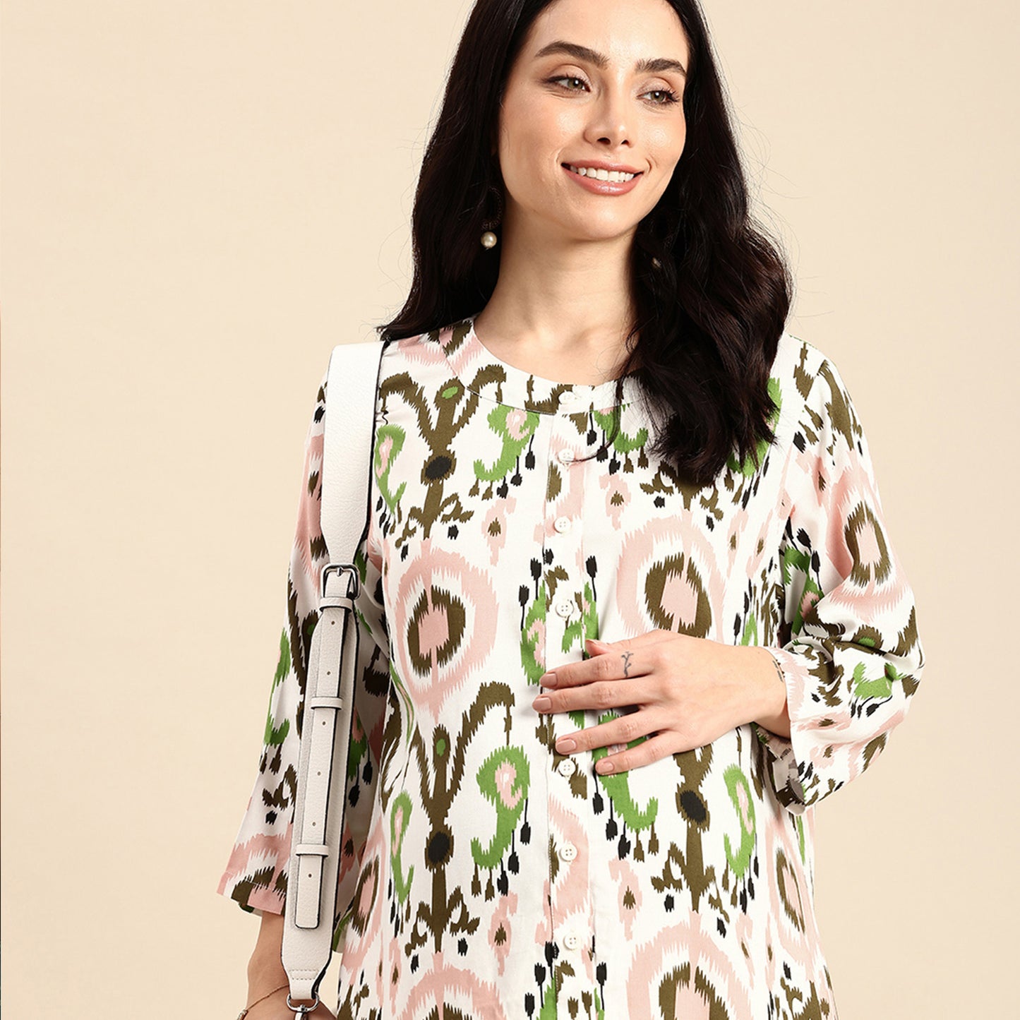 Chayim Maternity Woven Calf length Longewear dress with open placket and Discreet feeding-Kelly Green