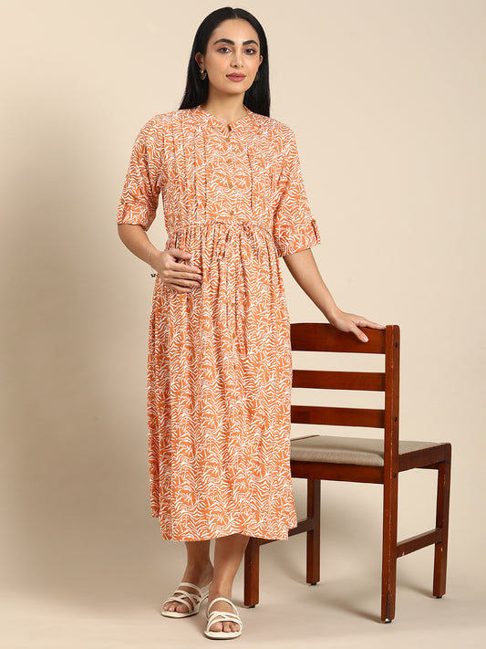 Chayim Maternity Woven Calf length Longewear dress with open placket and Discreet feeding-Apricot