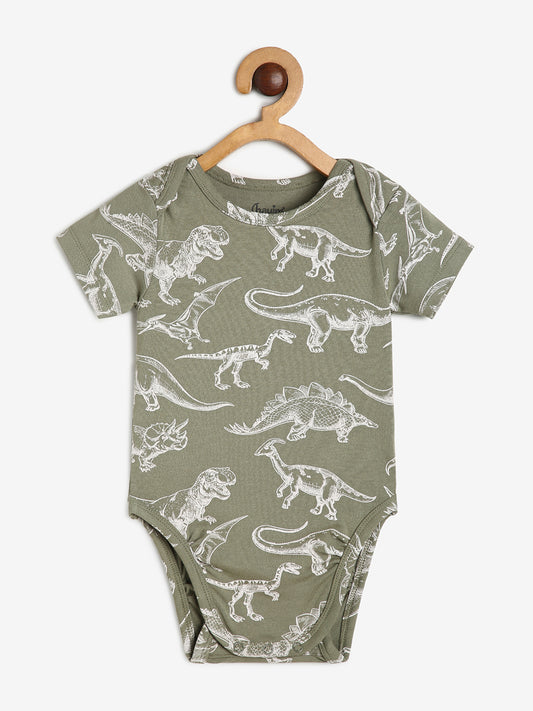 Baby Cotton Expandable Bodysuit Envelope Neck Green Dino Print