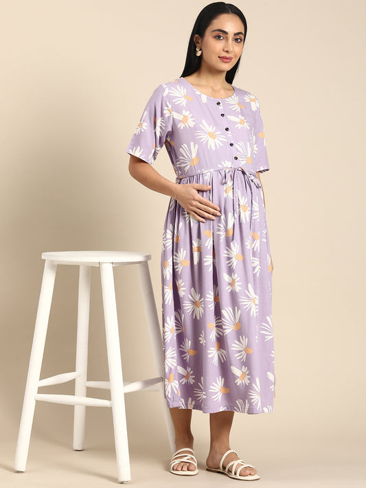 Chayim Maternity Woven Calf length Longewear dress with open placket and Discreet feeding-Lilac