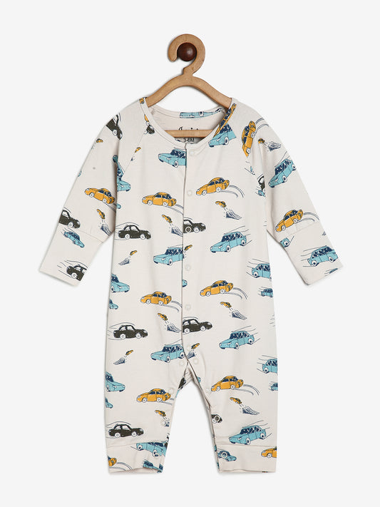 Baby Stretch Cotton Modal Sleepsuit/Playsuit Off White Car Print