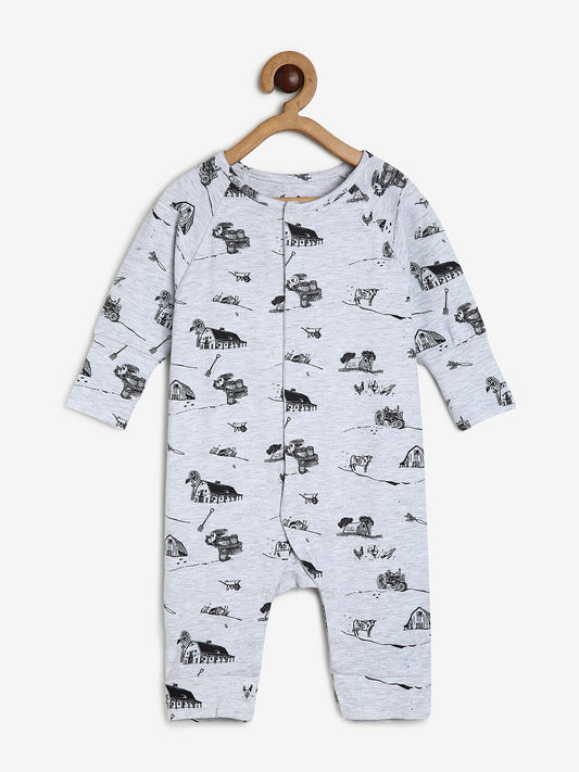 Baby Stretch Cotton Sleepsuit/Playsuit Grey House Print