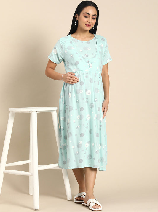 Chayim Maternity Woven Calf length Longewear dress with open placket and Discreet feeding-Columbia