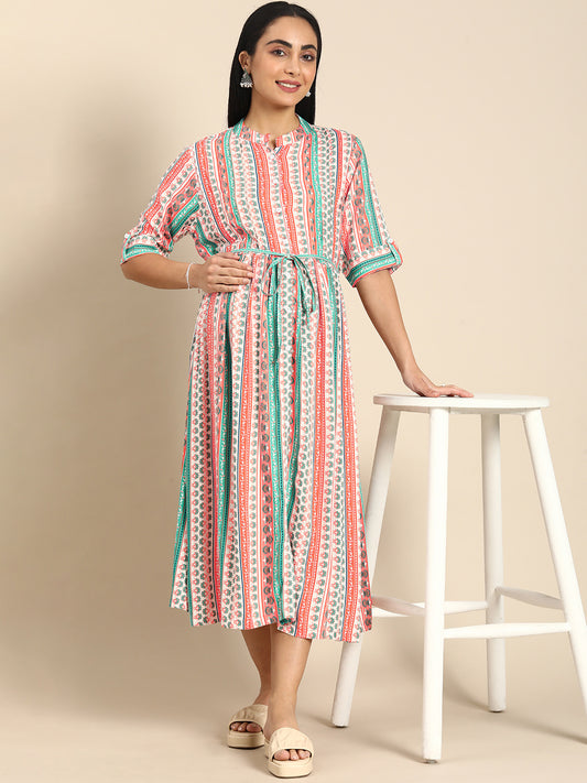 Chayim Maternity Woven Calf length Longewear dress with open placket and Discreet feeding-Safron