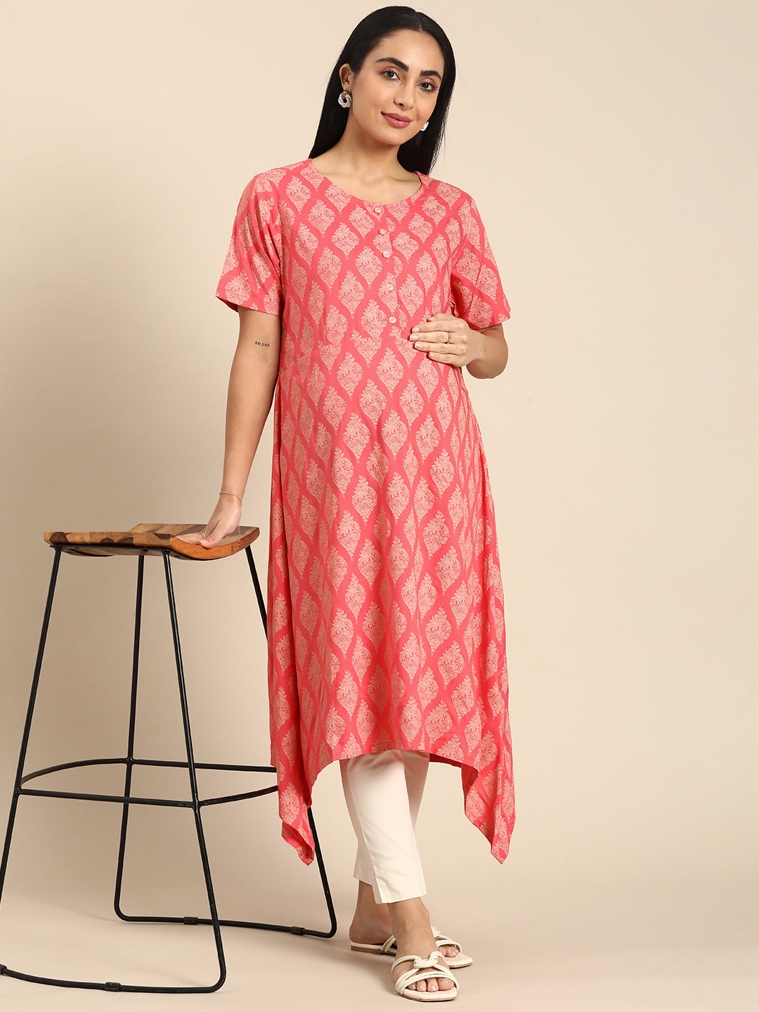 Chayim Maternity Woven Calf length Longewear kurta with open placket and Discreet feeding-Coralreef