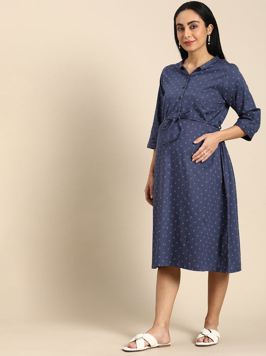 Chayim Maternity Woven Calf length Longewear dress with open placket and Discreet feeding-Dark Navy