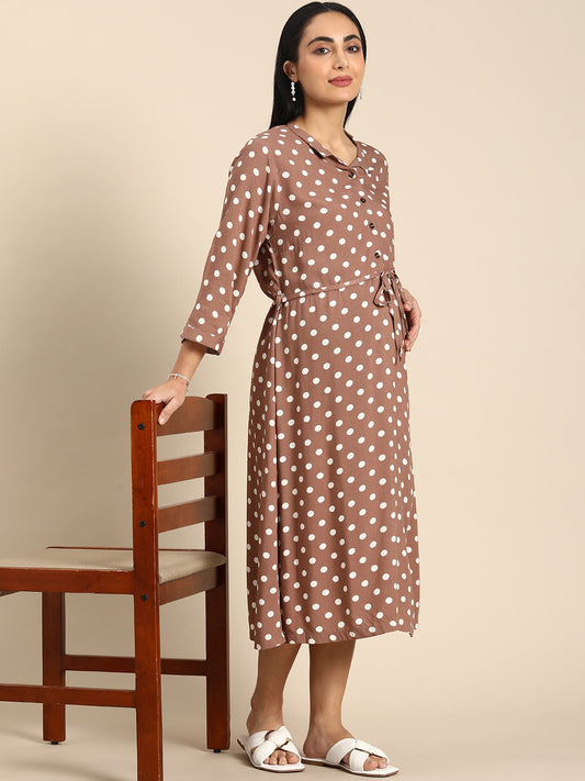 Chayim Maternity Woven Calf length Longewear dress with open placket and Discreet feeding-Brown printed