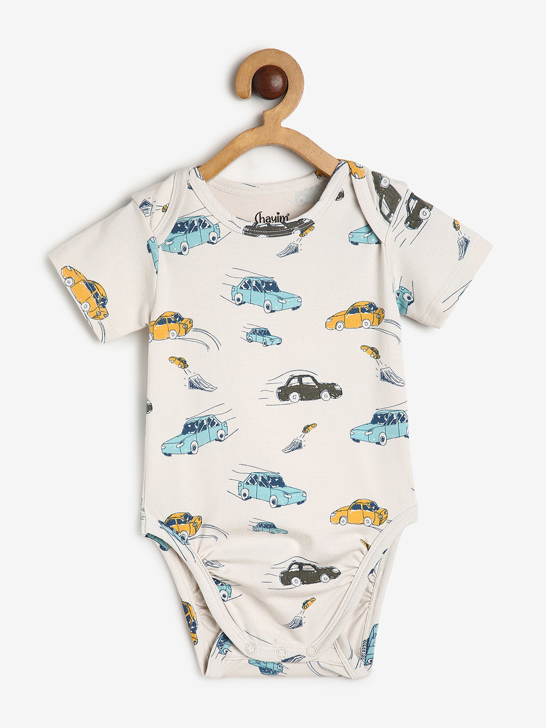 Baby Cotton Expandable Bodysuit Envelope Neck Off White Car Print