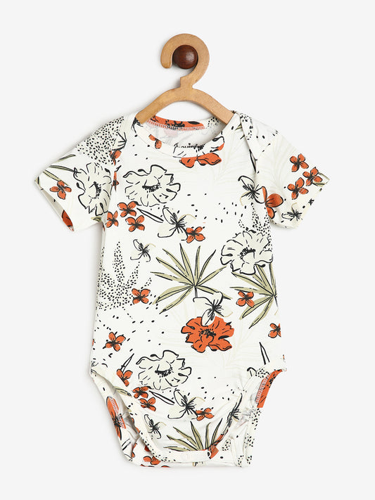 Baby Cotton Expandable Bodysuit Envelope Neck Off White Flower Print