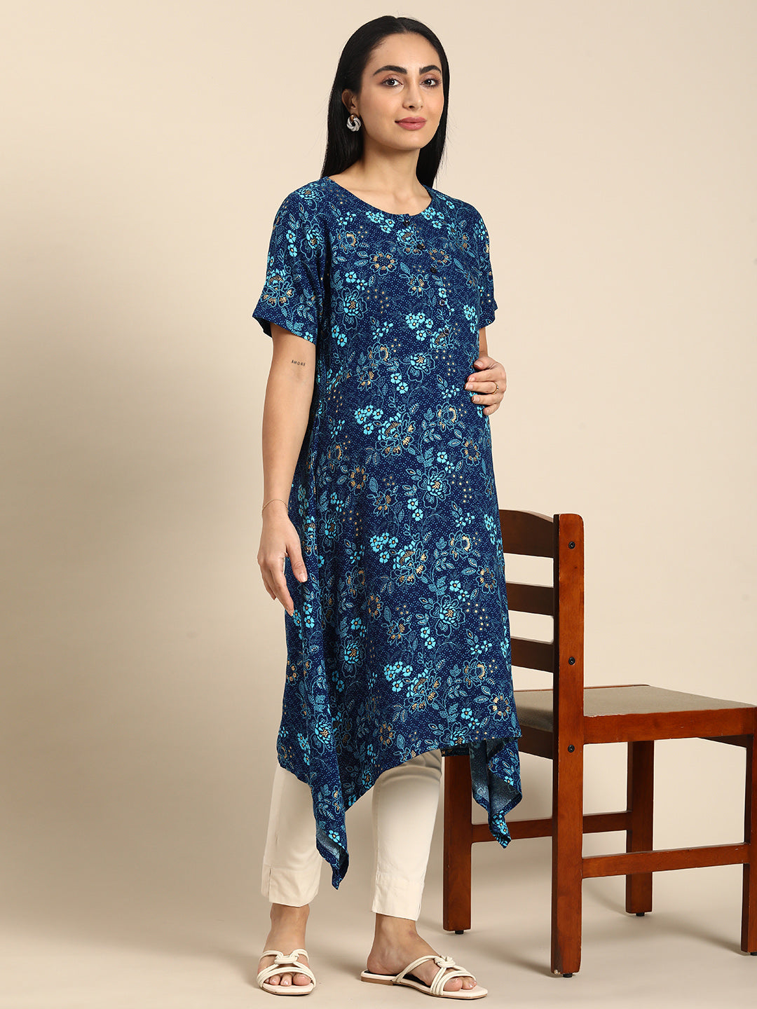 Chayim Maternity Woven Calf length Longewear kurta with open placket and Discreet feeding-Blue Depth