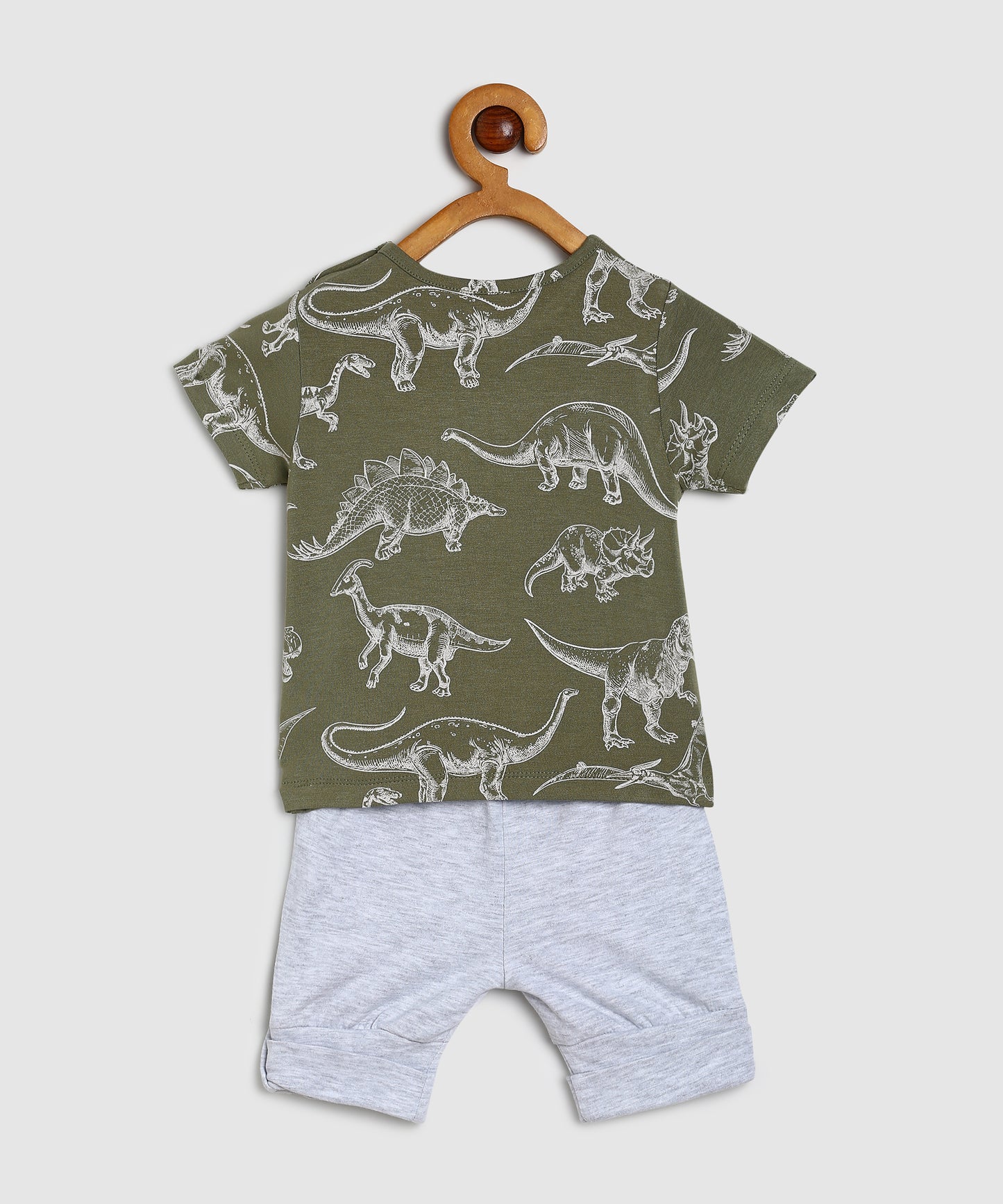 Baby Co Ord Set T Shirts & Expandable Shorts Green Dino Printed/Grey Mileange