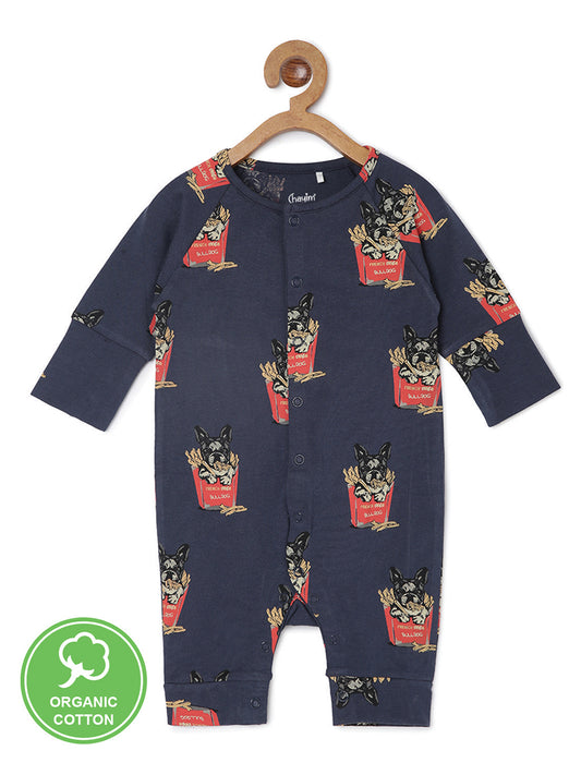 Baby Stretch Cotton Printed Sleepsuit/Playsuit-Navy