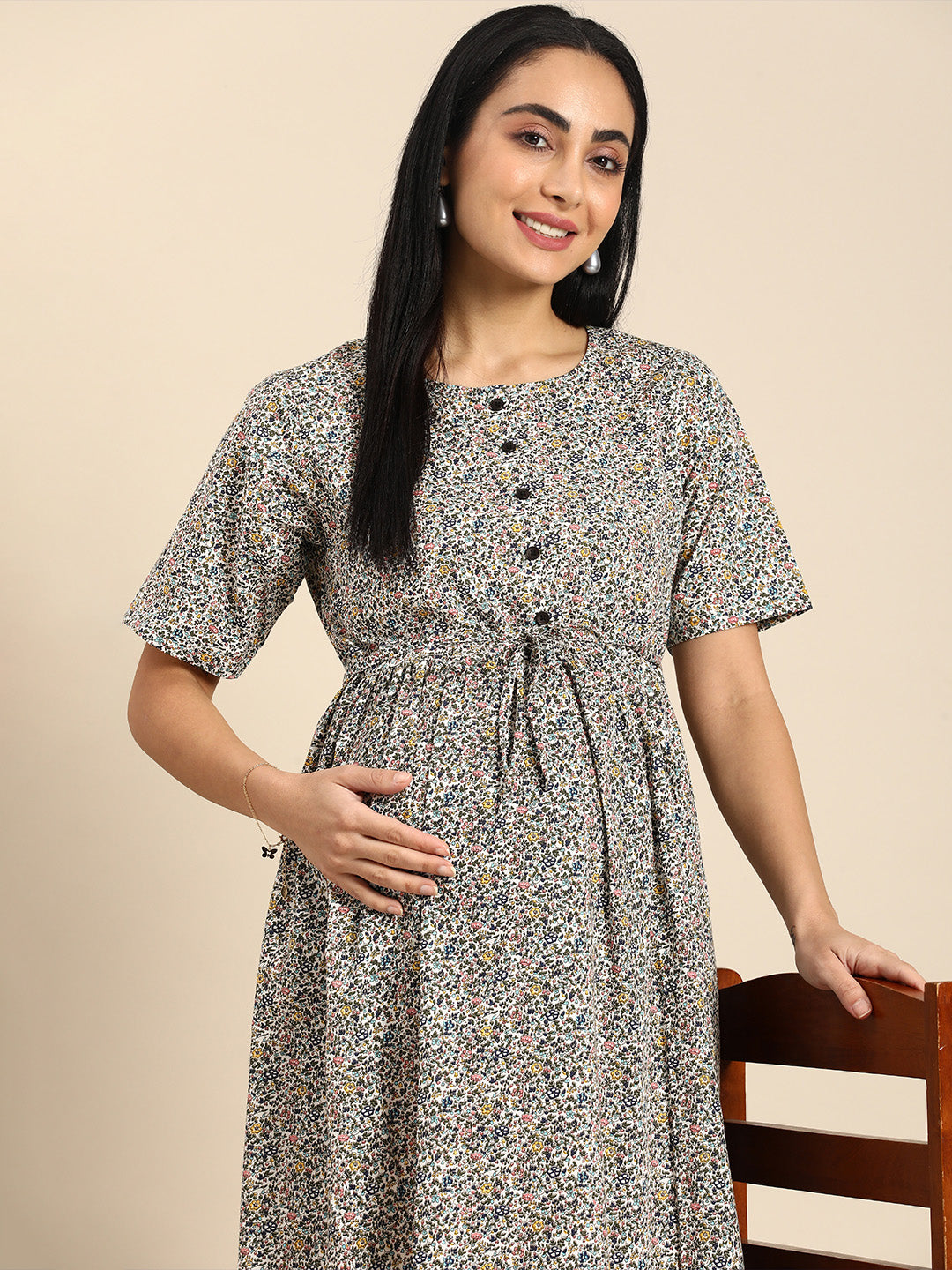 Chayim Maternity Woven Calf length Longewear dress with open placket and Discreet feeding-Multicolour printed