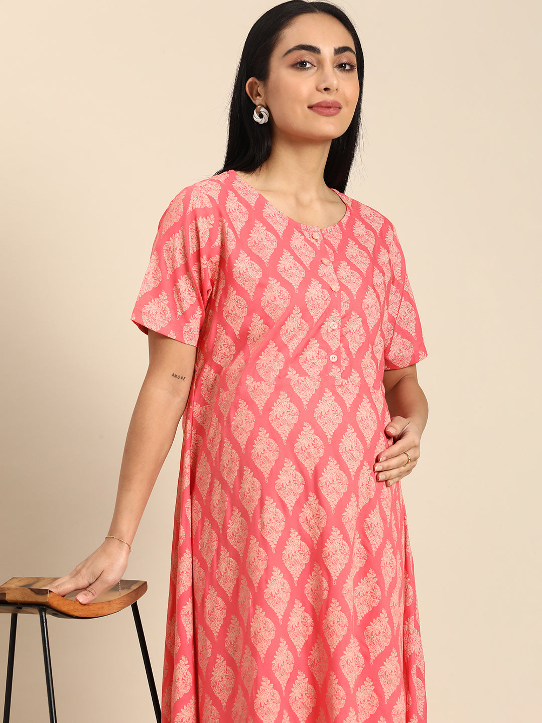 Chayim Maternity Woven Calf length Longewear kurta with open placket and Discreet feeding-Coralreef