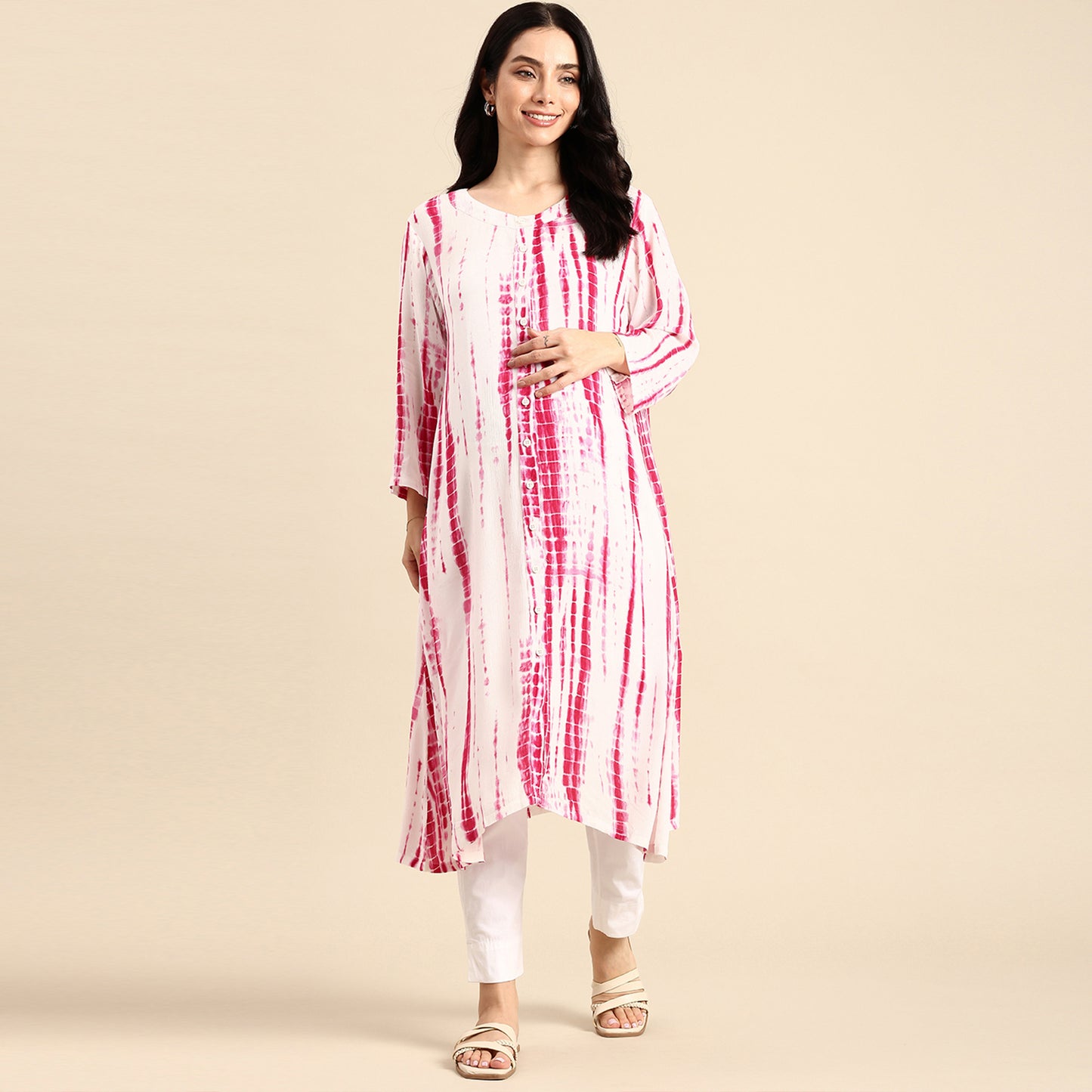 Chayim Maternity Woven Calf length Longewear dress with open placket and Discreet feeding-Bright Pink