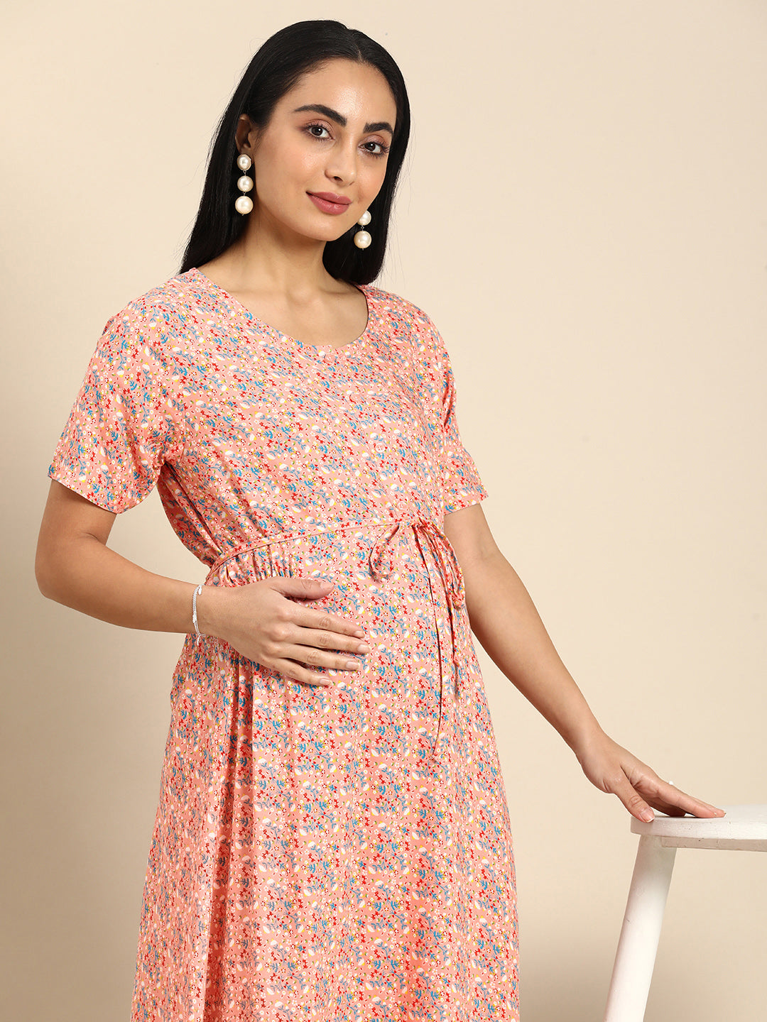 Chayim Maternity Woven Calf length Longewear Kurta with open placket and Discreet feeding-Rose Pink