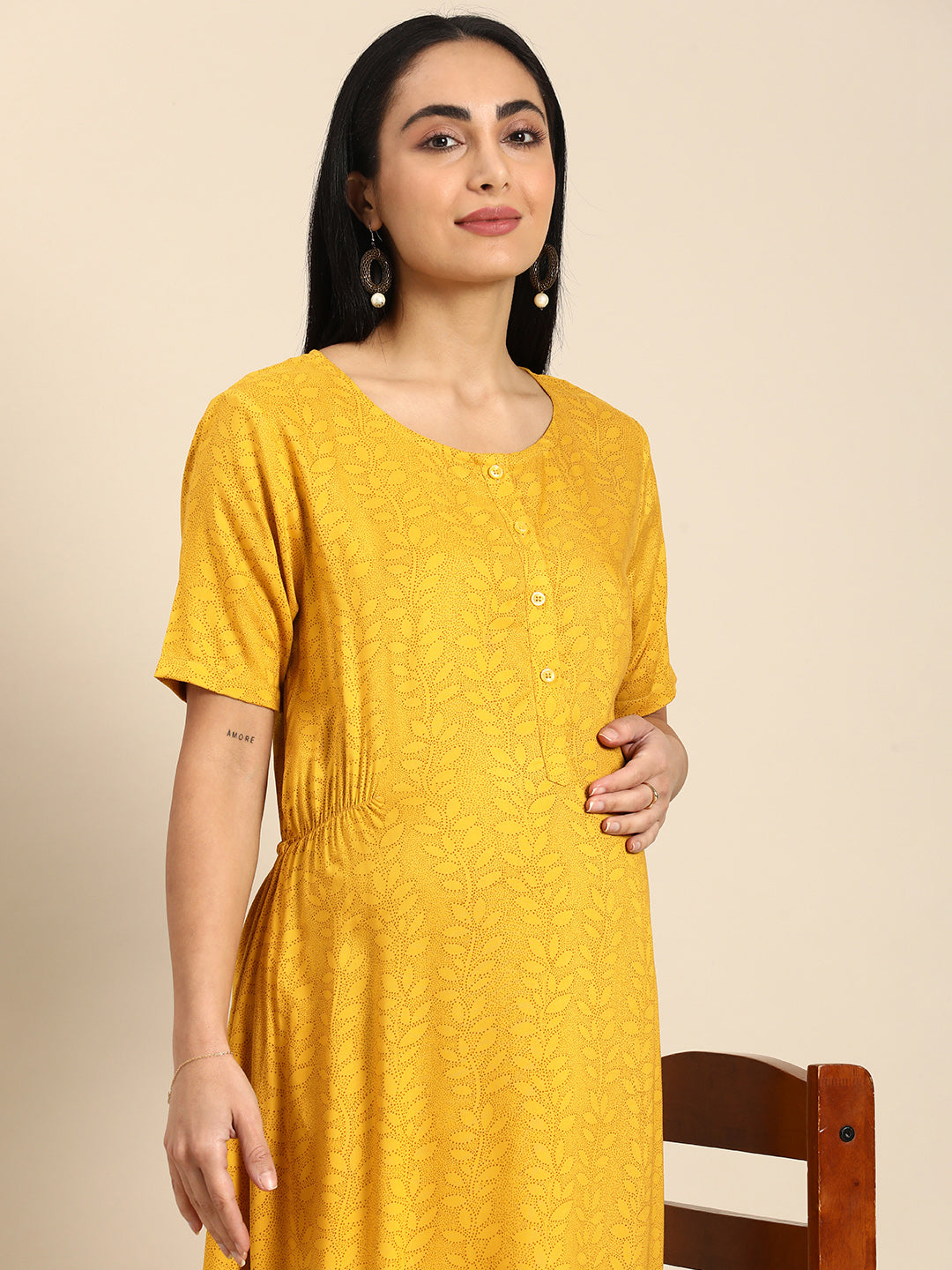 Chayim Maternity Woven Calf length Longewear kurta with open placket and Discreet feeding-Golden yellow