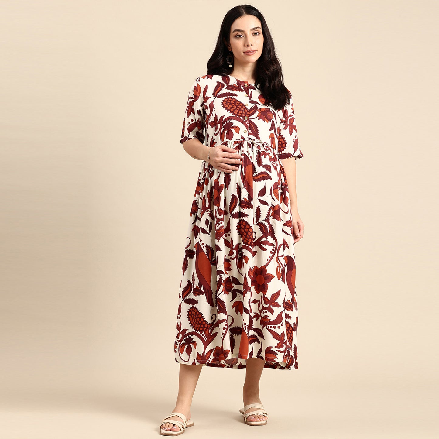 Chayim Maternity Woven Calf length Longewear dress with open placket and Discreet feeding-Maroon