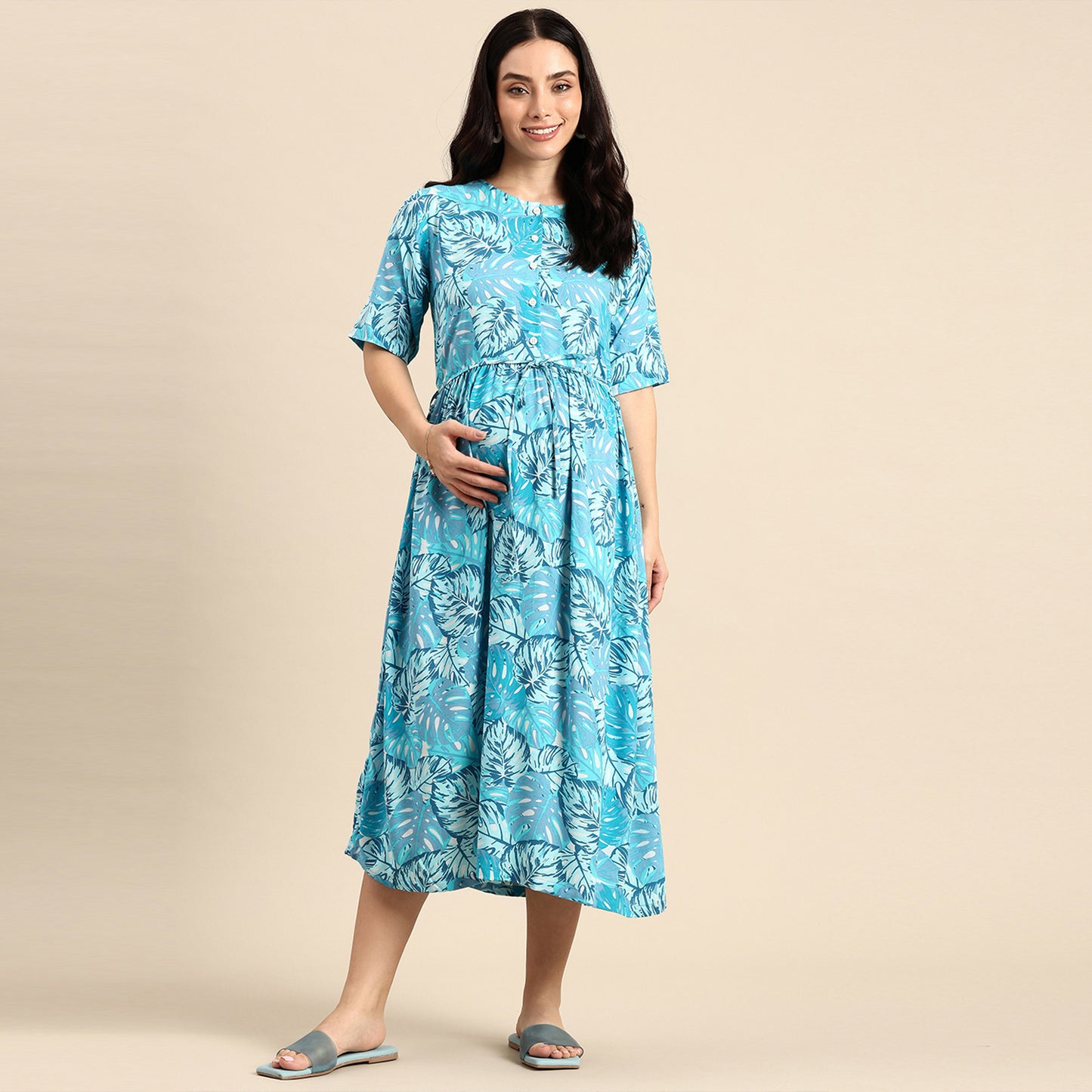 Chayim Maternity Woven Calf length Longewear dress with open placket and Discreet feeding-Ocean Blue