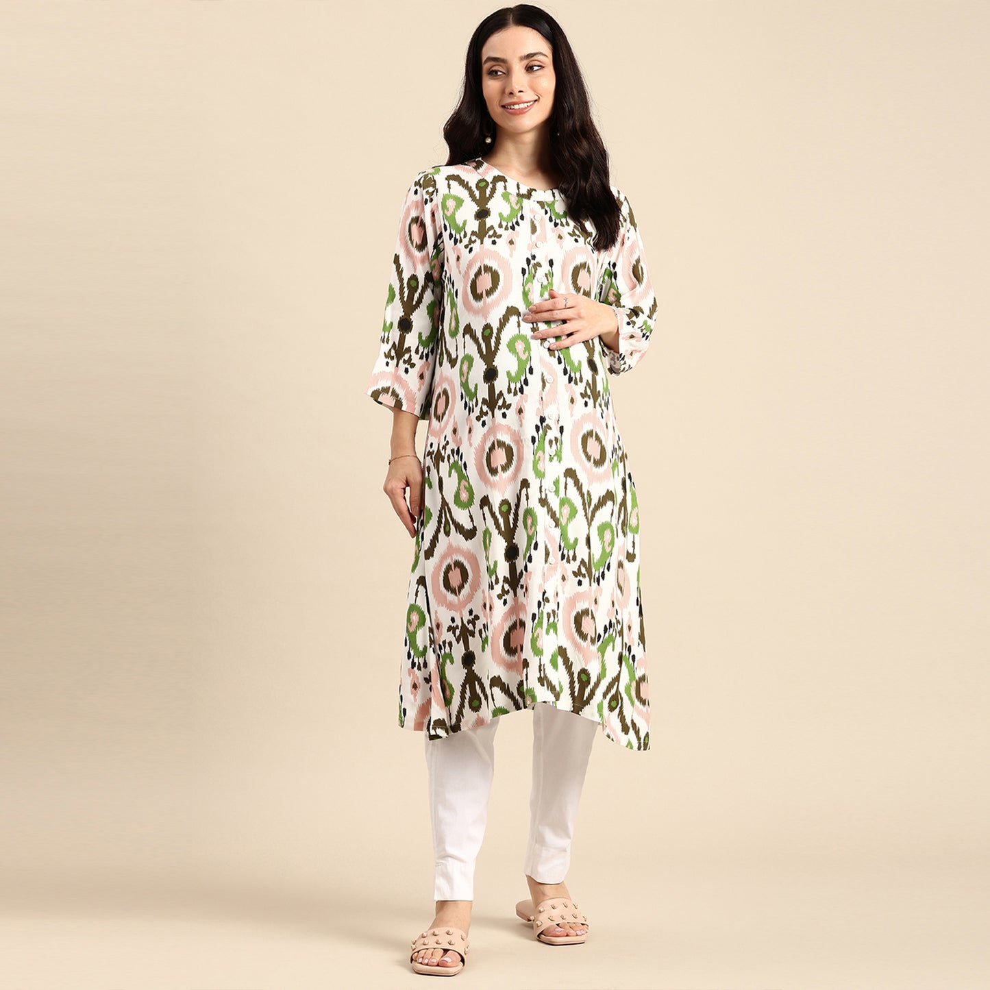 Chayim Maternity Woven Calf length Longewear dress with open placket and Discreet feeding-Kelly Green