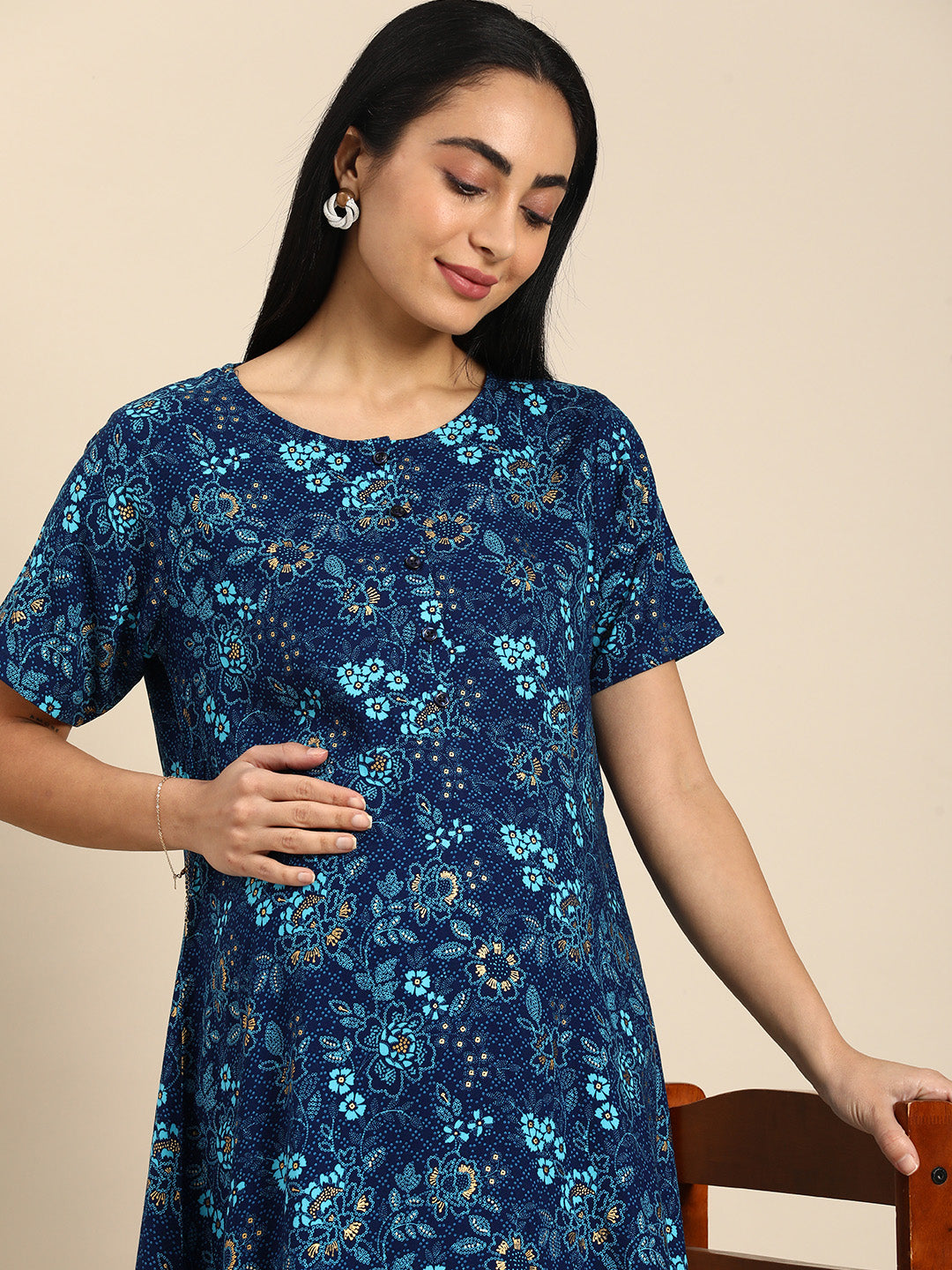 Chayim Maternity Woven Calf length Longewear kurta with open placket and Discreet feeding-Blue Depth