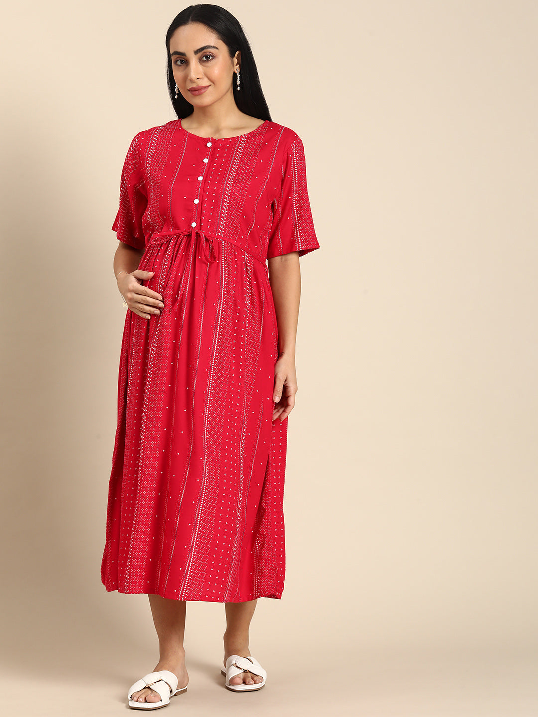 Chayim Maternity Woven Calf length Longewear dress with open placket and Discreet feeding-Cherry red