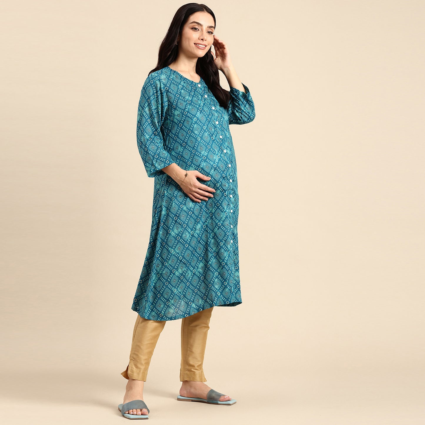 Chayim Maternity Woven Calf length Longewear dress with open placket and Discreet feeding-Yale Blue