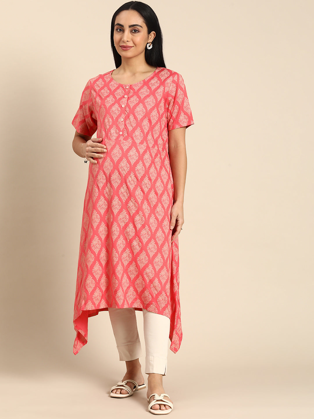 Chayim Maternity Woven Calf length Longewear kurta with open placket and Discreet feeding-Coralreef