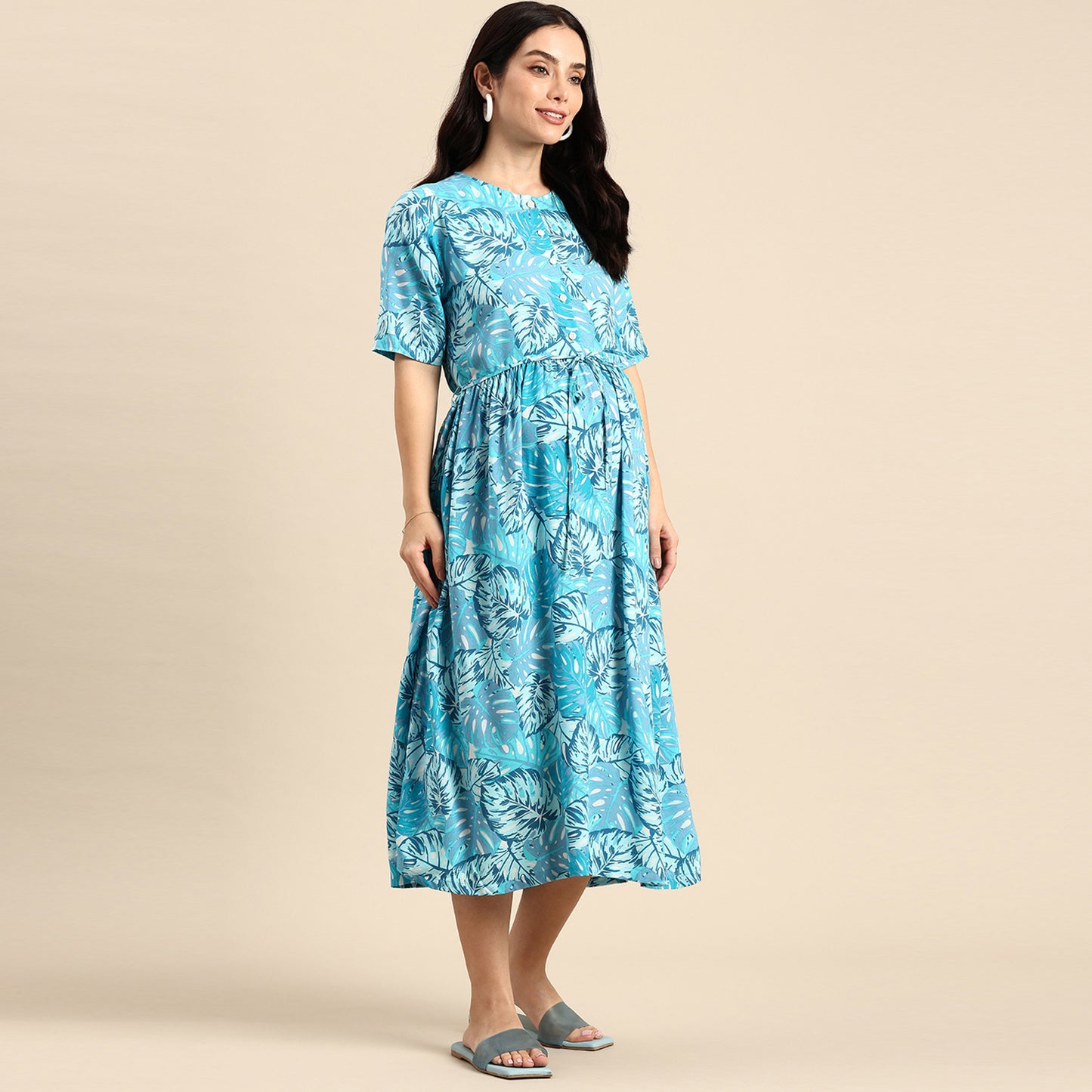 Chayim Maternity Woven Calf length Longewear dress with open placket and Discreet feeding-Ocean Blue