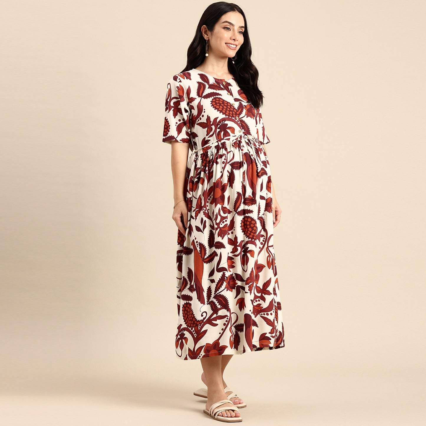 Chayim Maternity Woven Calf length Longewear dress with open placket and Discreet feeding-Maroon