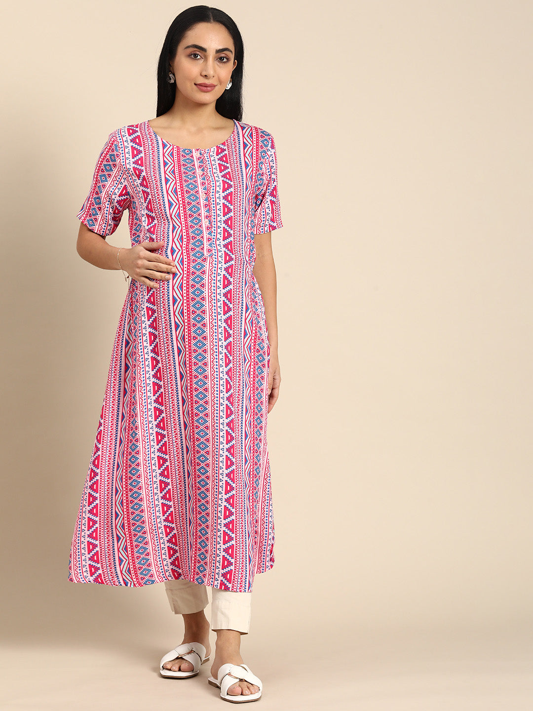 Chayim Maternity Woven Calf length Longewear kurta with open placket and Discreet feeding-Candy red