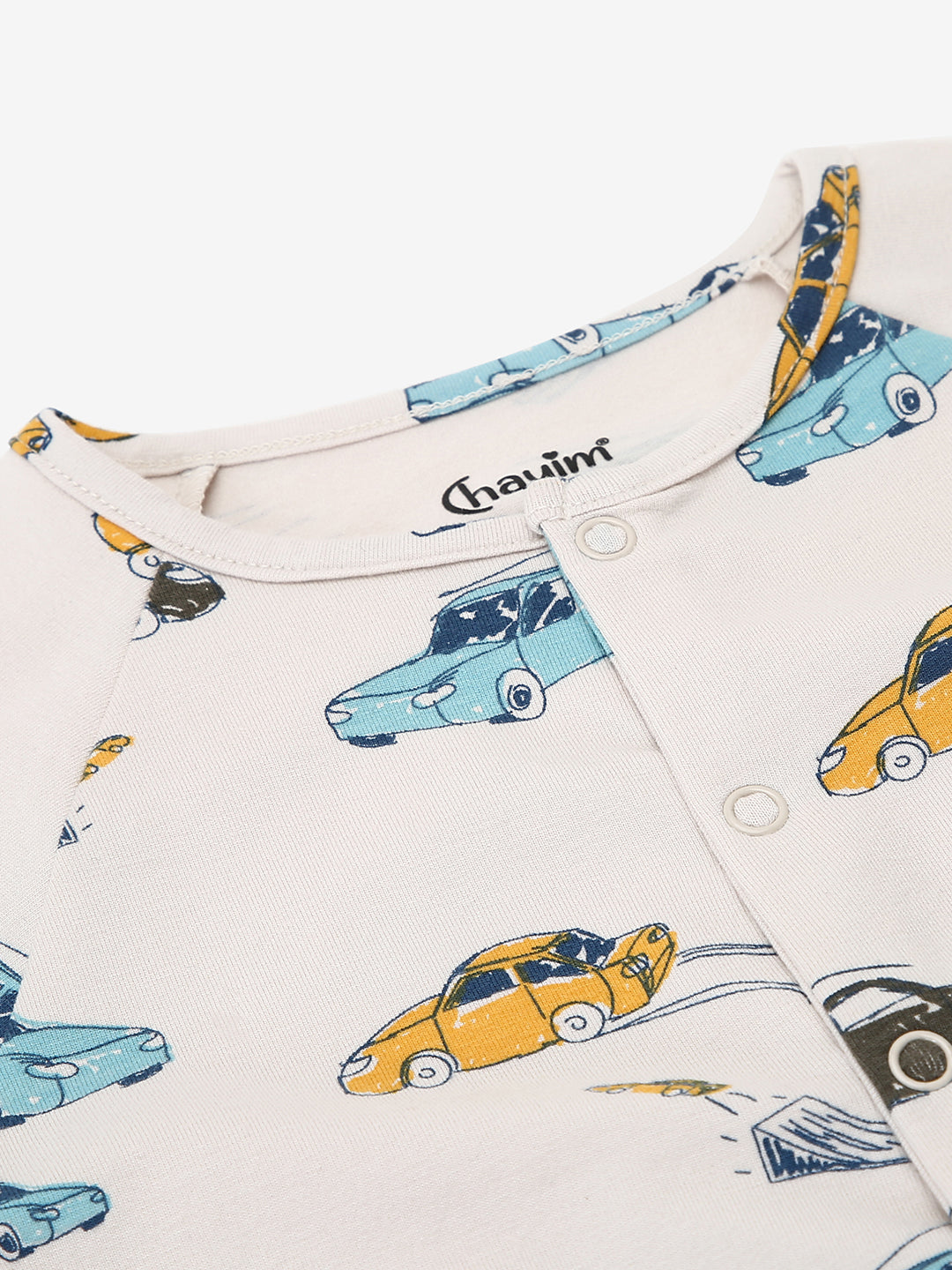 Baby Stretch Cotton Modal Sleepsuit/Playsuit Off White Car Print