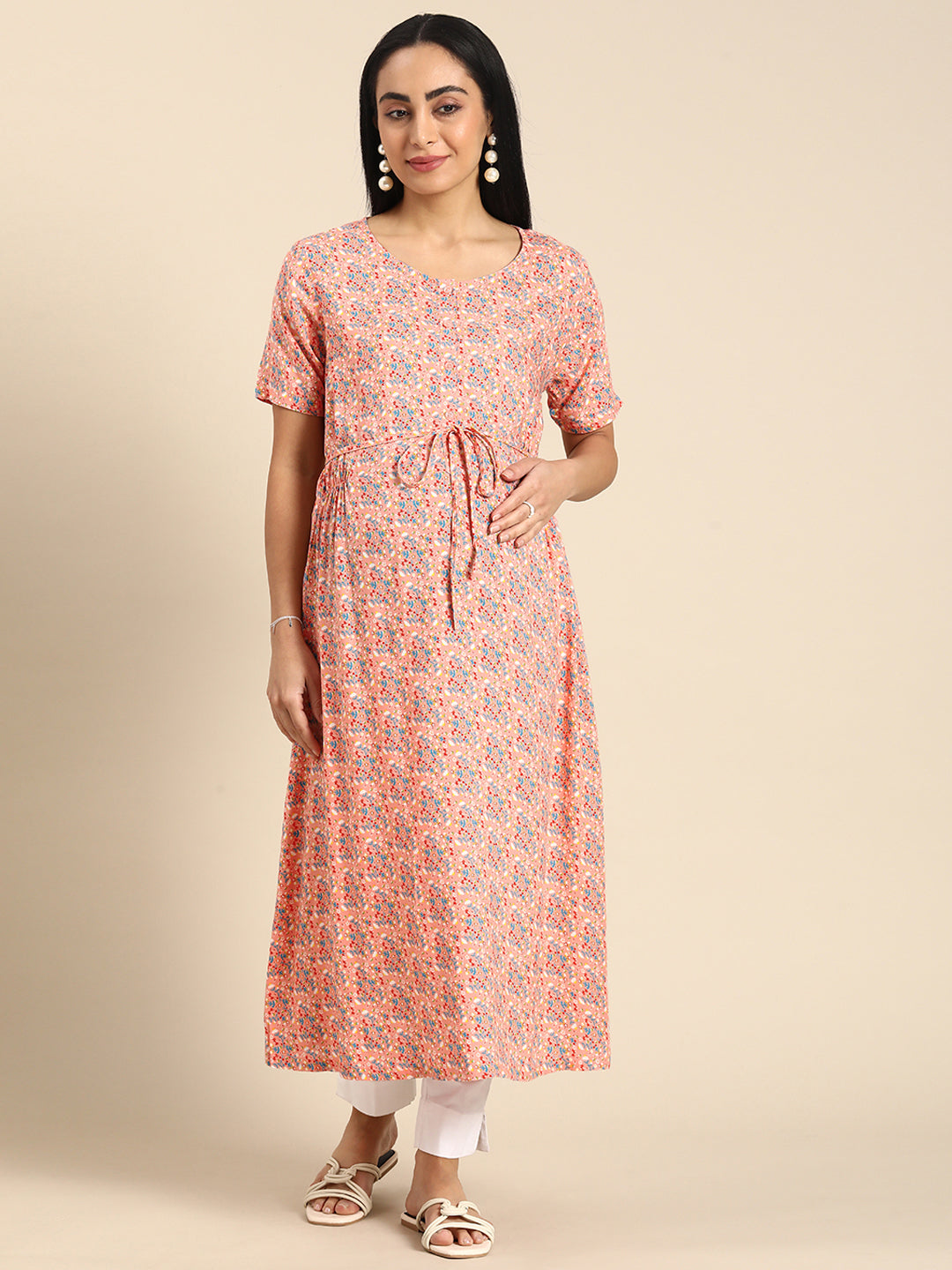 Chayim Maternity Woven Calf length Longewear Kurta with open placket and Discreet feeding-Rose Pink