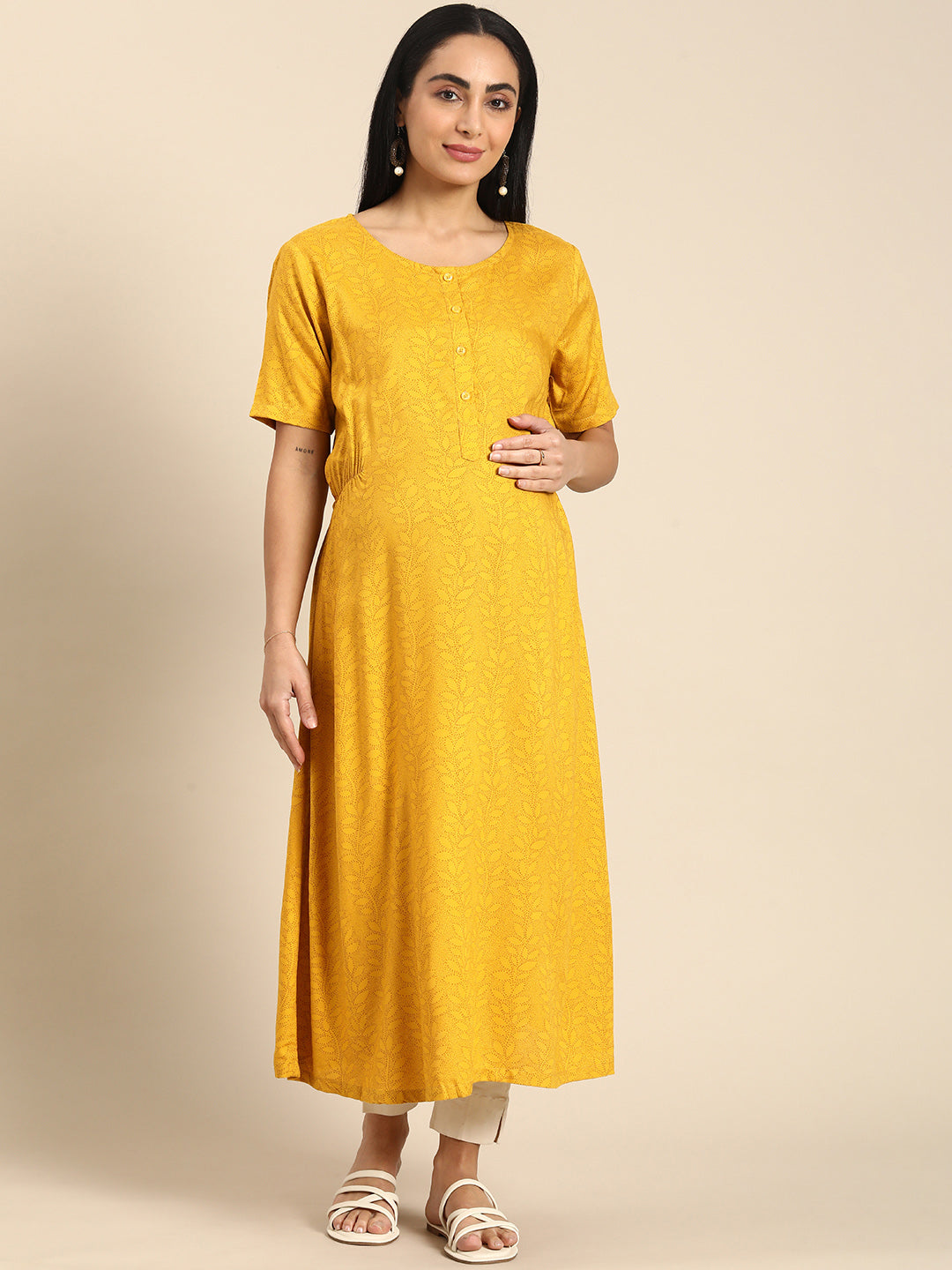 Chayim Maternity Woven Calf length Longewear kurta with open placket and Discreet feeding-Golden yellow