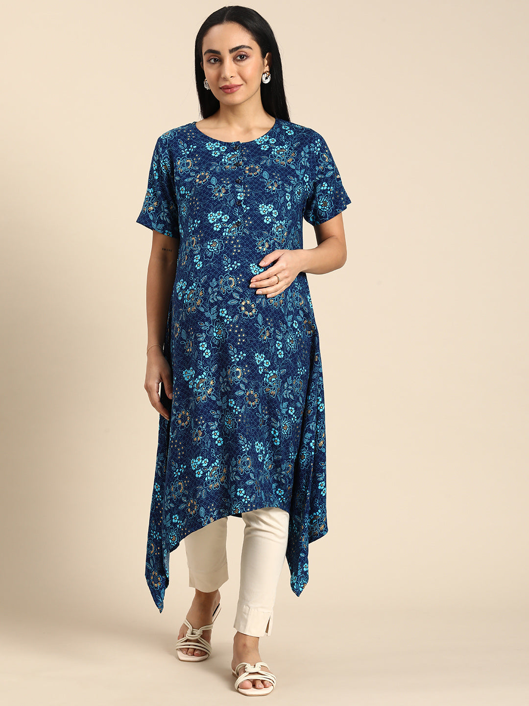 Chayim Maternity Woven Calf length Longewear kurta with open placket and Discreet feeding-Blue Depth