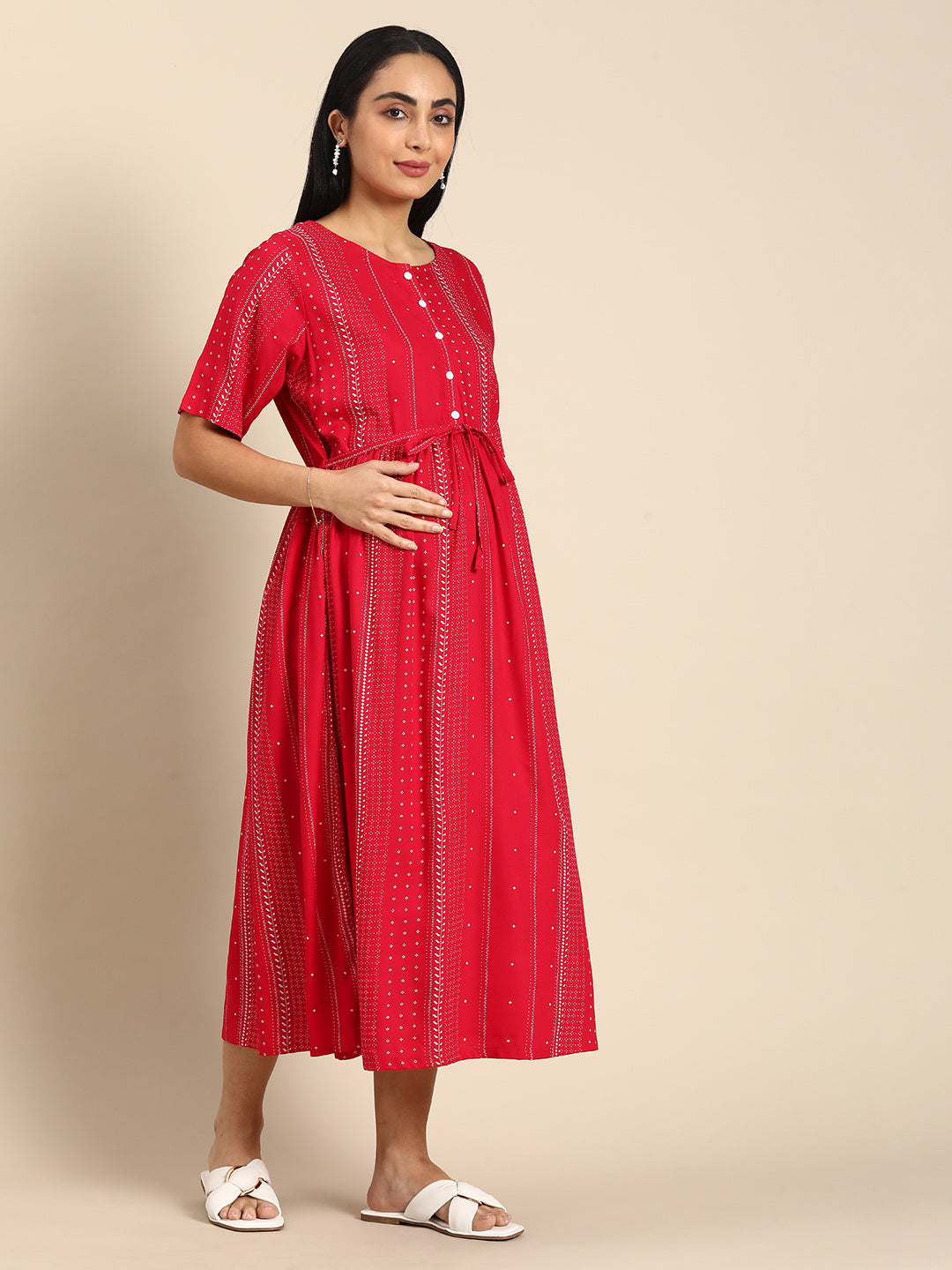 Chayim Maternity Woven Calf length Longewear dress with open placket and Discreet feeding-Cherry red