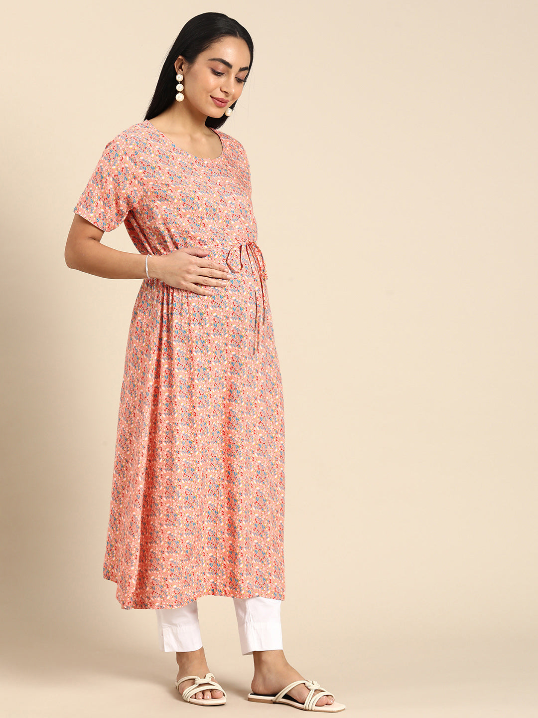 Chayim Maternity Woven Calf length Longewear Kurta with open placket and Discreet feeding-Rose Pink