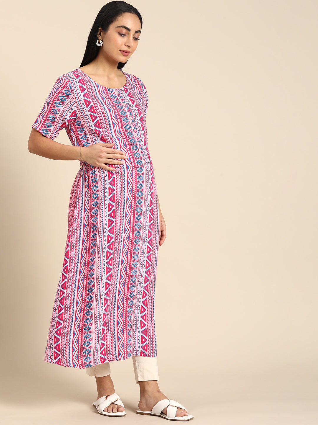 Chayim Maternity Woven Calf length Longewear kurta with open placket and Discreet feeding-Candy red