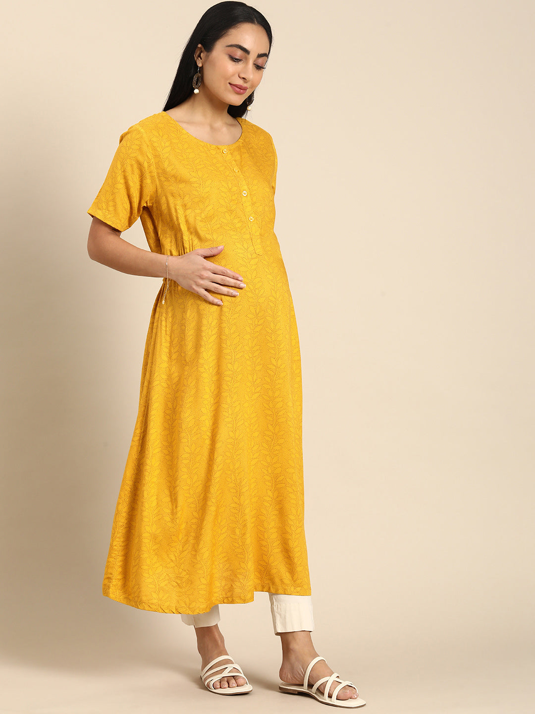 Chayim Maternity Woven Calf length Longewear kurta with open placket and Discreet feeding-Golden yellow