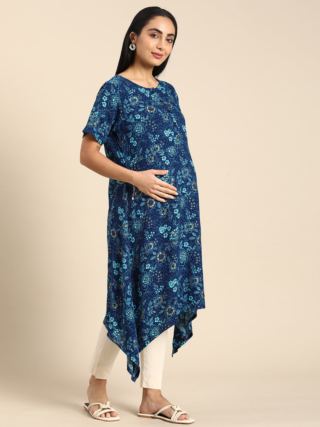 Chayim Maternity Woven Calf length Longewear kurta with open placket and Discreet feeding-Blue Depth