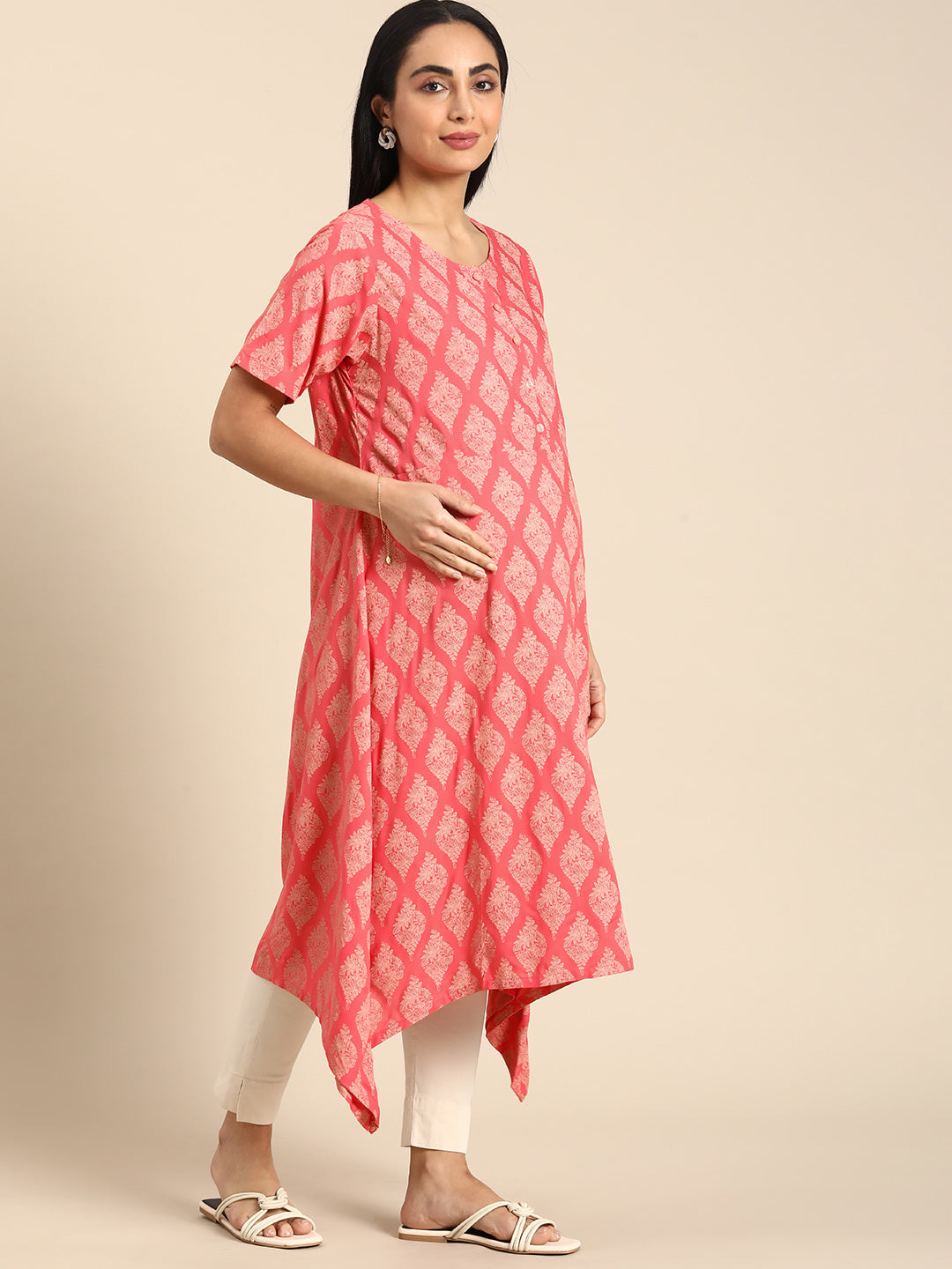 Chayim Maternity Woven Calf length Longewear kurta with open placket and Discreet feeding-Coralreef