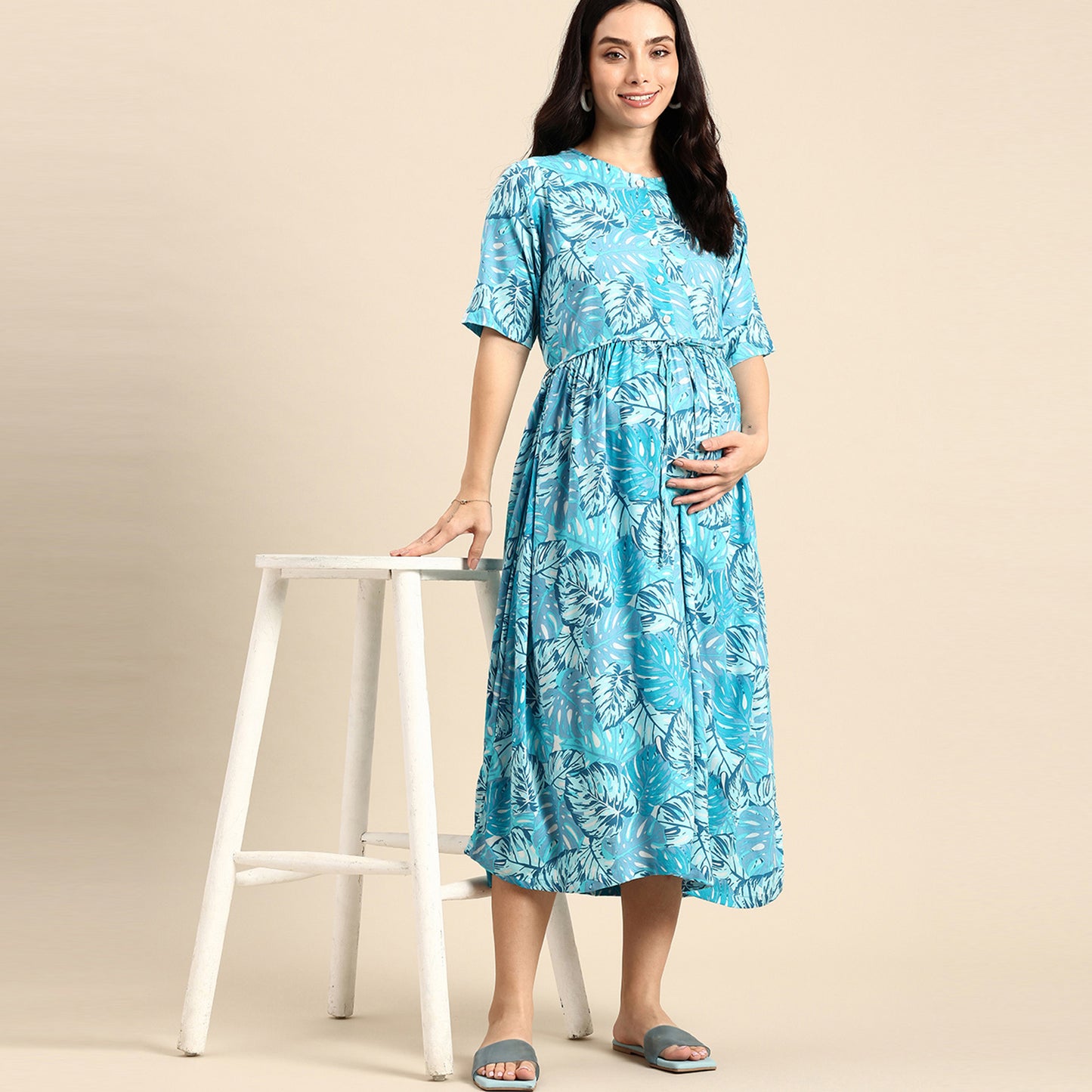 Chayim Maternity Woven Calf length Longewear dress with open placket and Discreet feeding-Ocean Blue