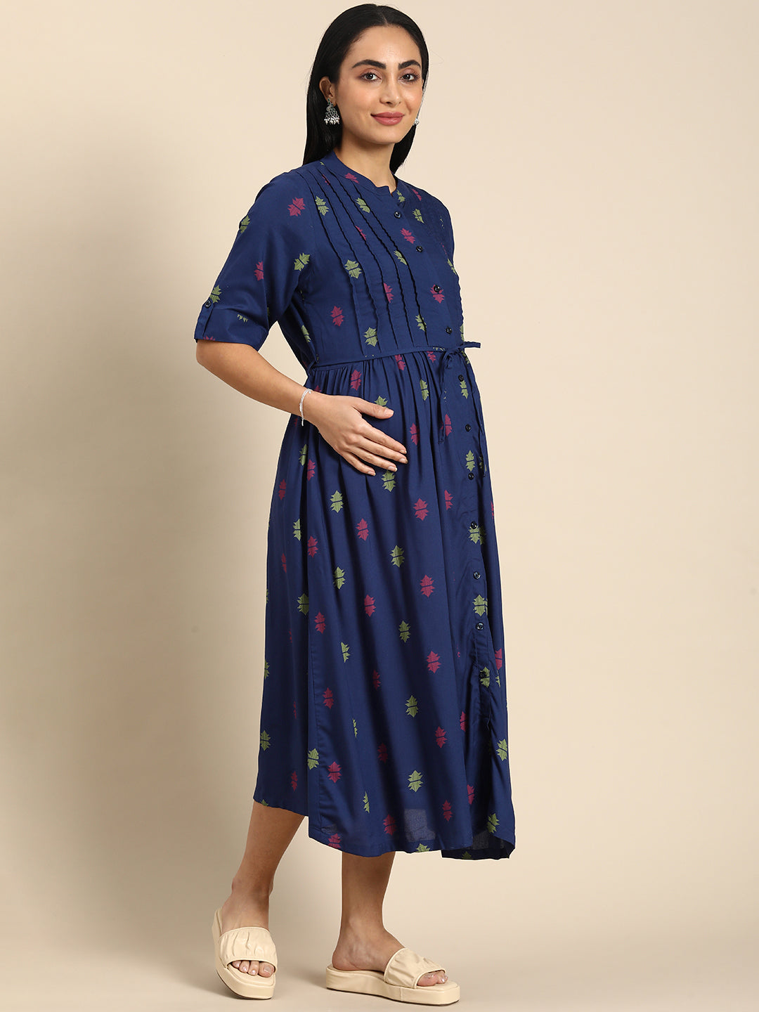 Chayim Maternity Woven Calf length Longewear dress with open placket and Discreet feeding-Midnight