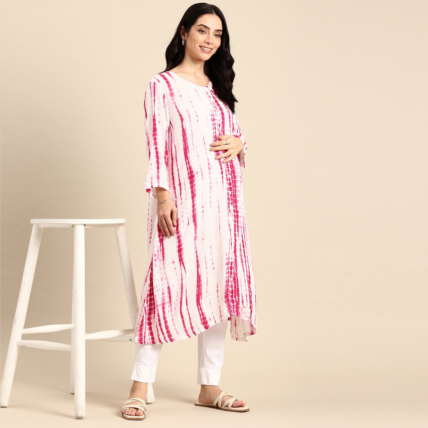 Chayim Maternity Woven Calf length Longewear dress with open placket and Discreet feeding-Bright Pink